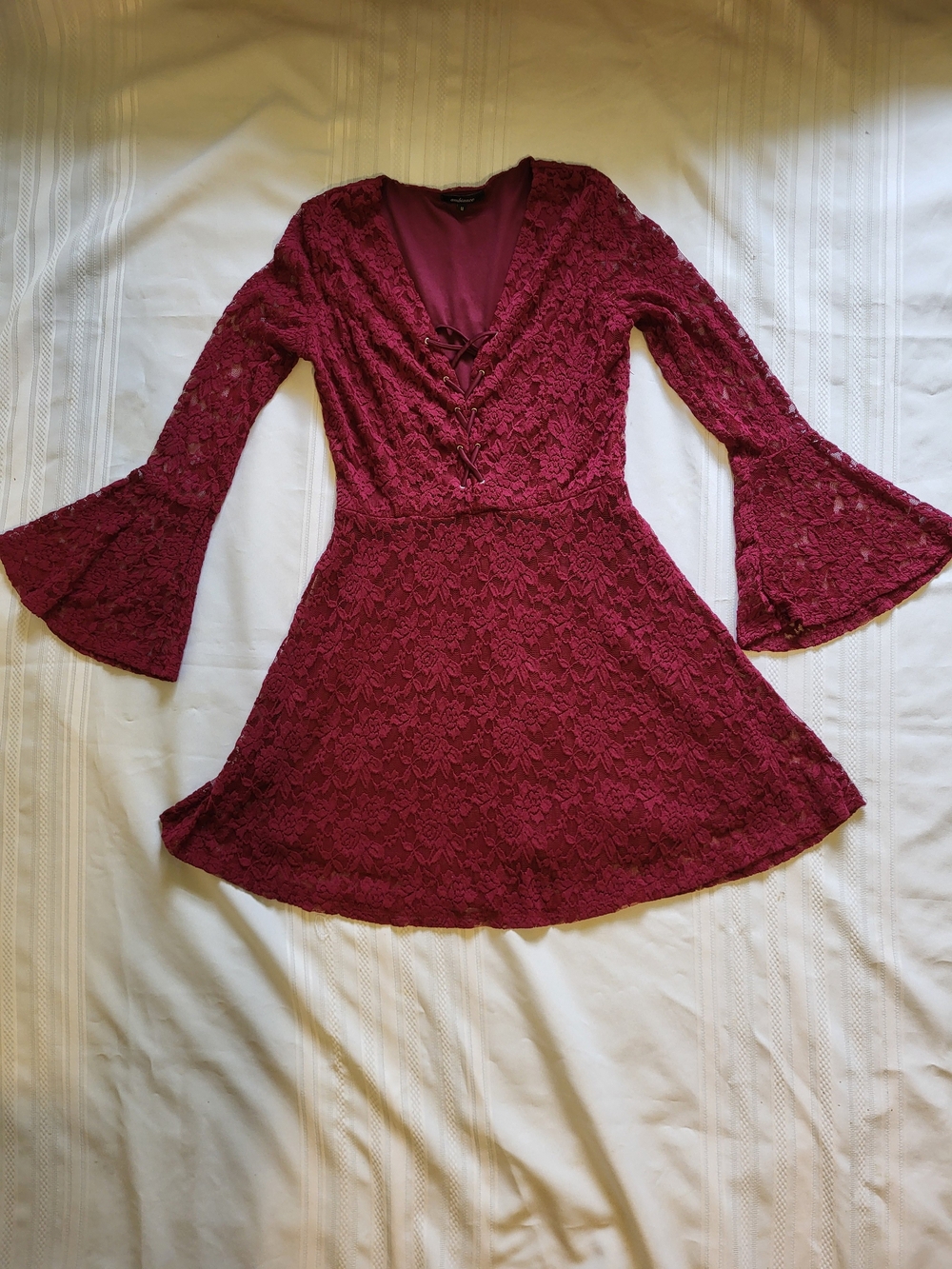 Womens Burgundy Bardot Lace V-Neck Long Bell Sleeve Dress Party Whimsigoth